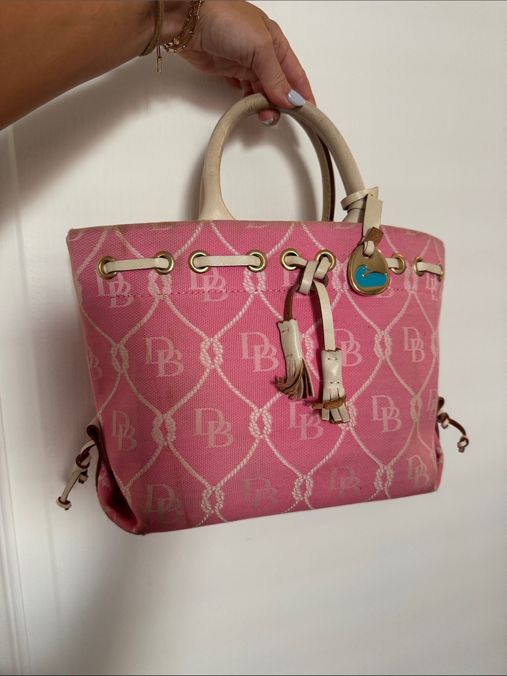 Vintage 90s Dooney & Bourke Pink Monogram Tote with Cream Trim